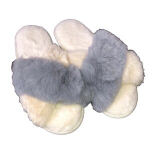 Fox Fur Fuzzy Cross Band Slippers Gray Apricot Open Toe House Shoes Size 12